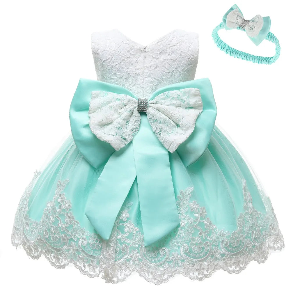Baby Girls Princess Dress And Hairband 2Pcs Elegant Bow Toddler Girl 1 Years Birthday Party Lace Ball Gown Vestidos Kids Dresses