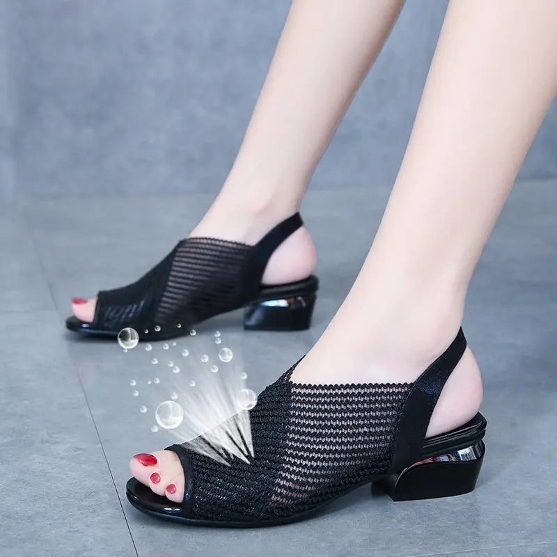 Women Sandals Fashion Thick Heel Peep Toe Women's Shoes Mesh Breathable Sandals Ladies Plus Size Girls Summer Beach Sandals