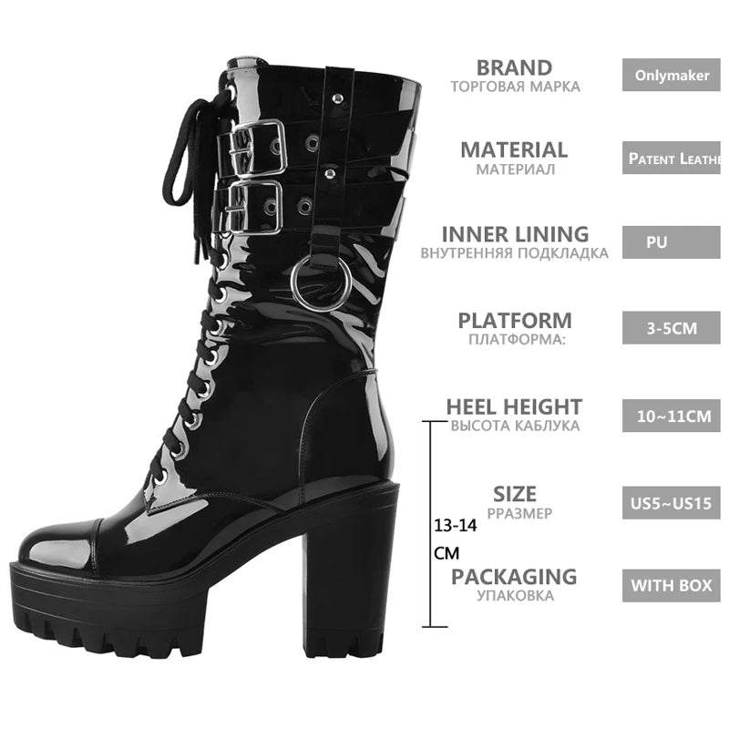 Onlymaker Women Black Platform Punk Boots Patent Leather Lace Up Mid Calf Chunky High Heels Side Zip  Motorcycle Boots