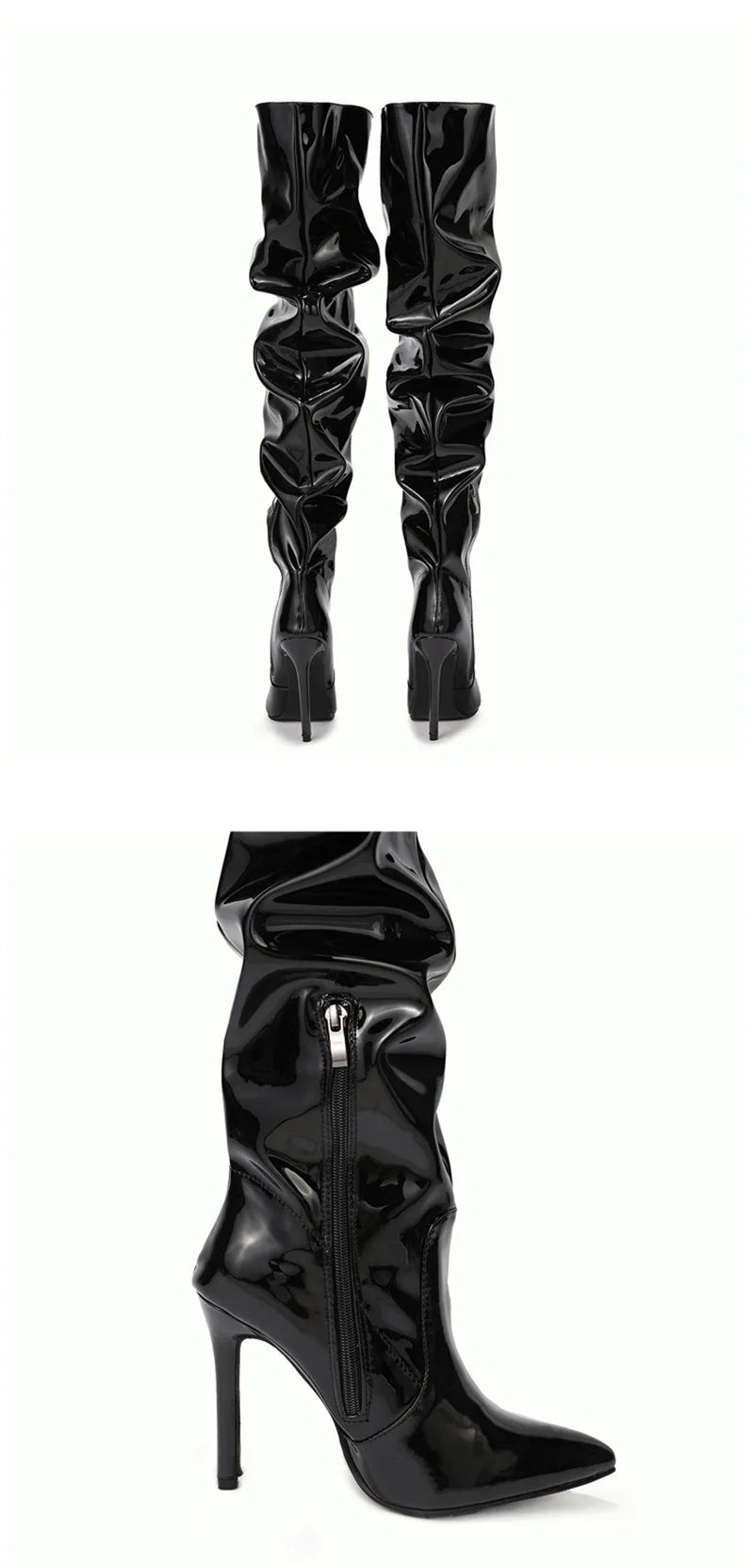 Eilyken High Quality Pleated Patent Leather Motorcycle Over The Knee Boots Women Fashion Pointed Toe Zip Thigh High Lady Shoes