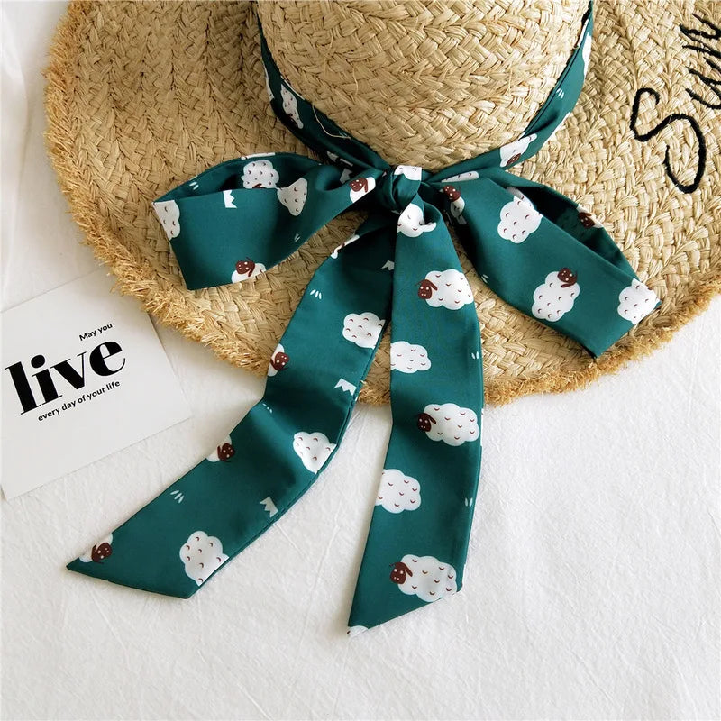 Summer Women Imitation Silk Dress Belt Variety Cute Double Printing Women Neckerchiefs Travel Bag Hats Ribbons Ladies Scarves