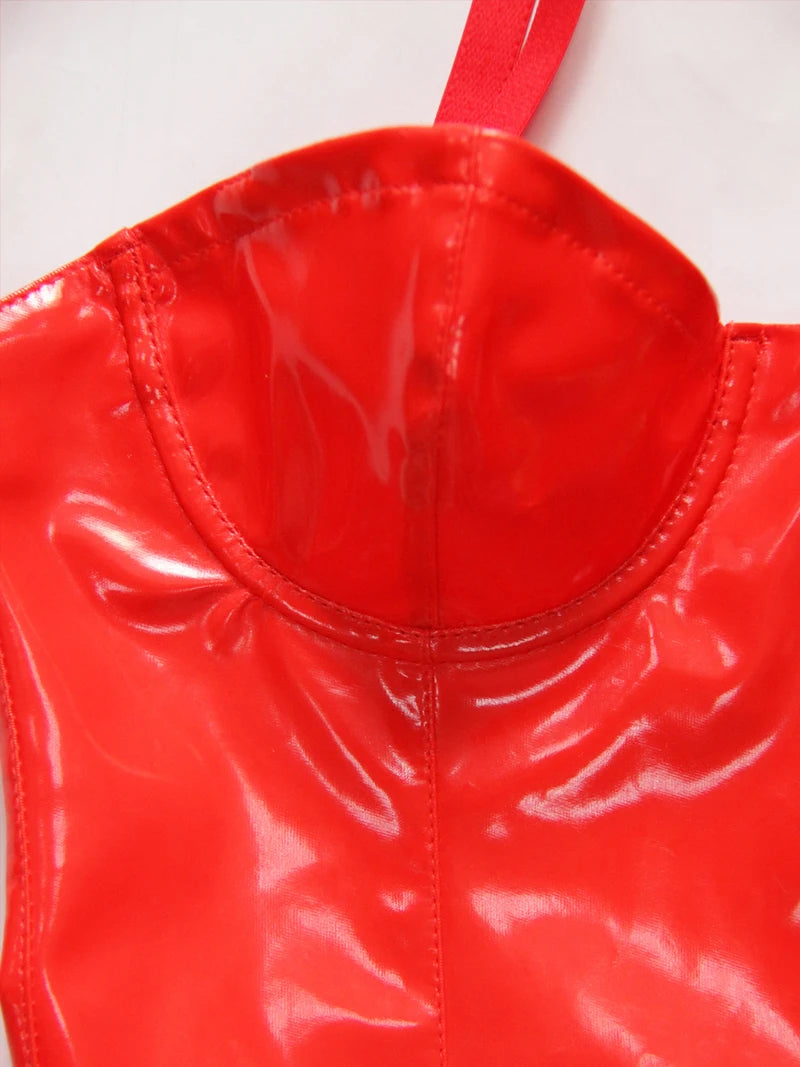 Summer Women Dresses Sexy Spaghetti Straps Bandage PVC Wet Look Leather Midi Dress Vintage Bodycon Clubwear Party Dress Vestidos