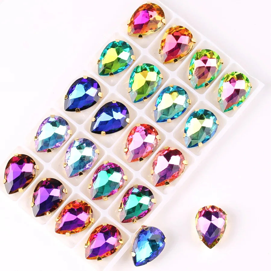 waterdrop shape Gold claw settings Rainbow & Jelly AB glass Crystal 7*10 10*14 13*18mm Sew on rhinestone wedding dress diy trim