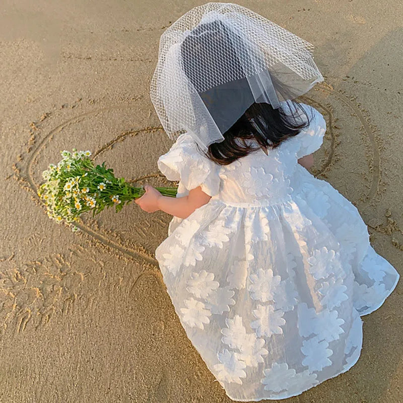 Girls Summer Dress Big Flower Puff Sleeve Sweet Cute Dress Applique Flowers White Princess Party Dress New Children Clothing
