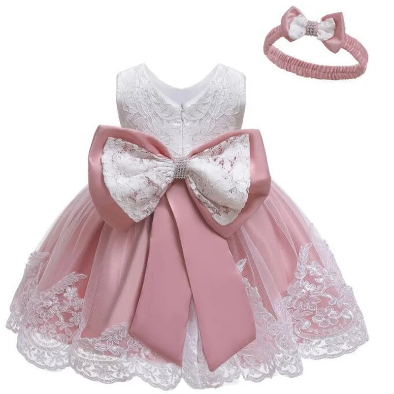 Baby Girls Princess Dress And Hairband 2Pcs Elegant Bow Toddler Girl 1 Years Birthday Party Lace Ball Gown Vestidos Kids Dresses