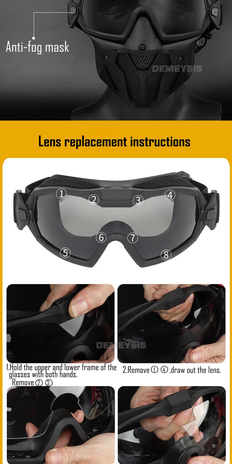 Tactical Full Face Mask Anti-fog Fan Shooting Safety Protective Equipment Hunting Airsoft Paintball Detachable Goggles Masks Set