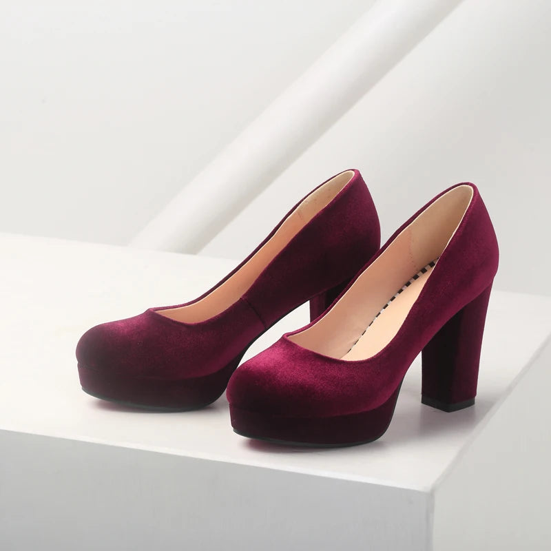 Elegant Women's High Heels Shoes Platform 2025 Fashion Flock Black Blue Red Heeled Party Wedding Shoes Female Velvet Dress Pumps