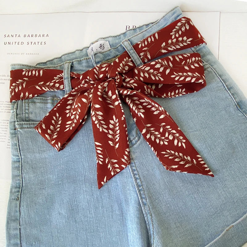 Summer Women Imitation Silk Dress Belt Variety Cute Double Printing Women Neckerchiefs Travel Bag Hats Ribbons Ladies Scarves