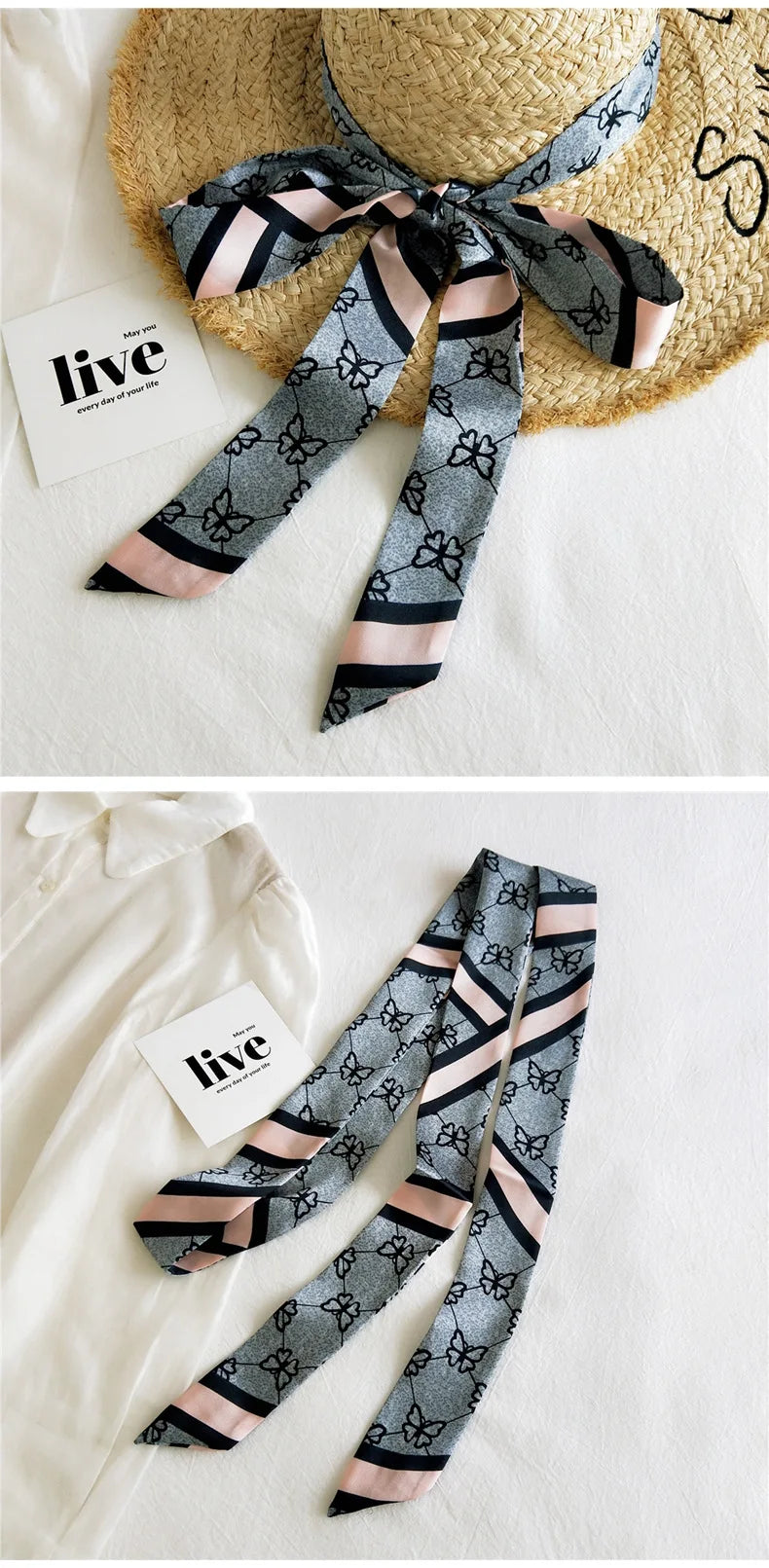 Summer Women Imitation Silk Dress Belt Variety Cute Double Printing Women Neckerchiefs Travel Bag Hats Ribbons Ladies Scarves