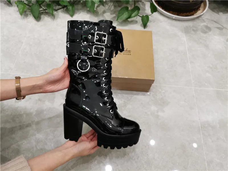 Onlymaker Women Black Platform Punk Boots Patent Leather Lace Up Mid Calf Chunky High Heels Side Zip  Motorcycle Boots