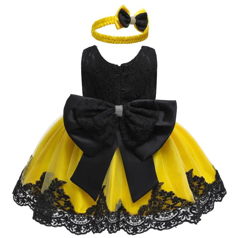 Baby Girls Princess Dress And Hairband 2Pcs Elegant Bow Toddler Girl 1 Years Birthday Party Lace Ball Gown Vestidos Kids Dresses