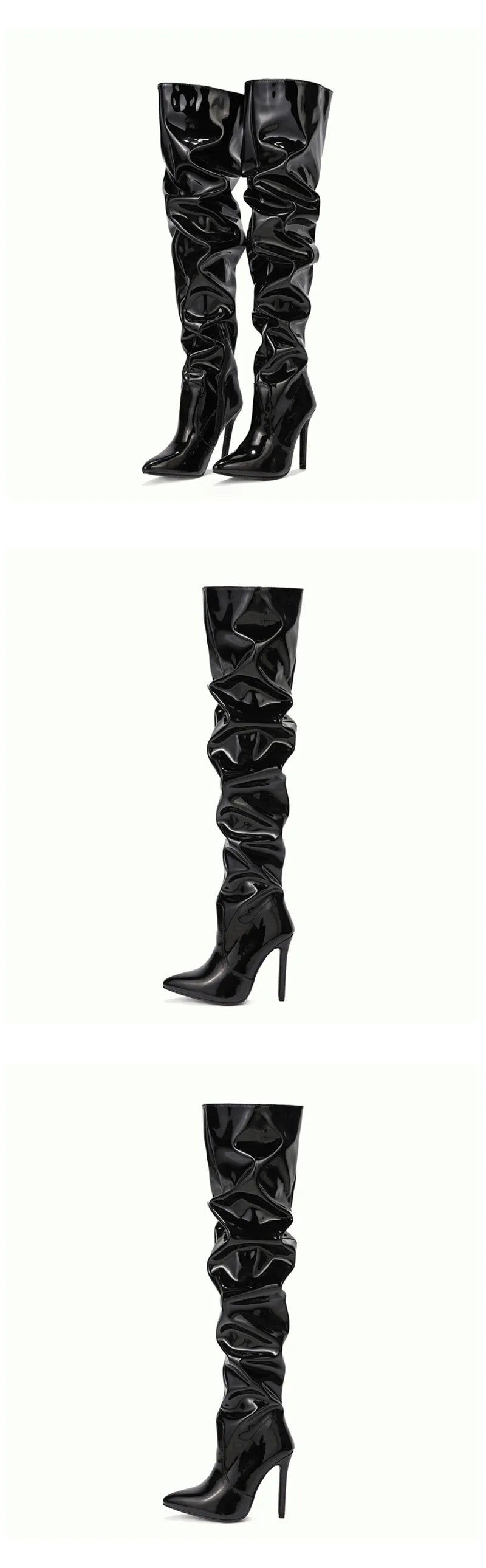 Eilyken High Quality Pleated Patent Leather Motorcycle Over The Knee Boots Women Fashion Pointed Toe Zip Thigh High Lady Shoes