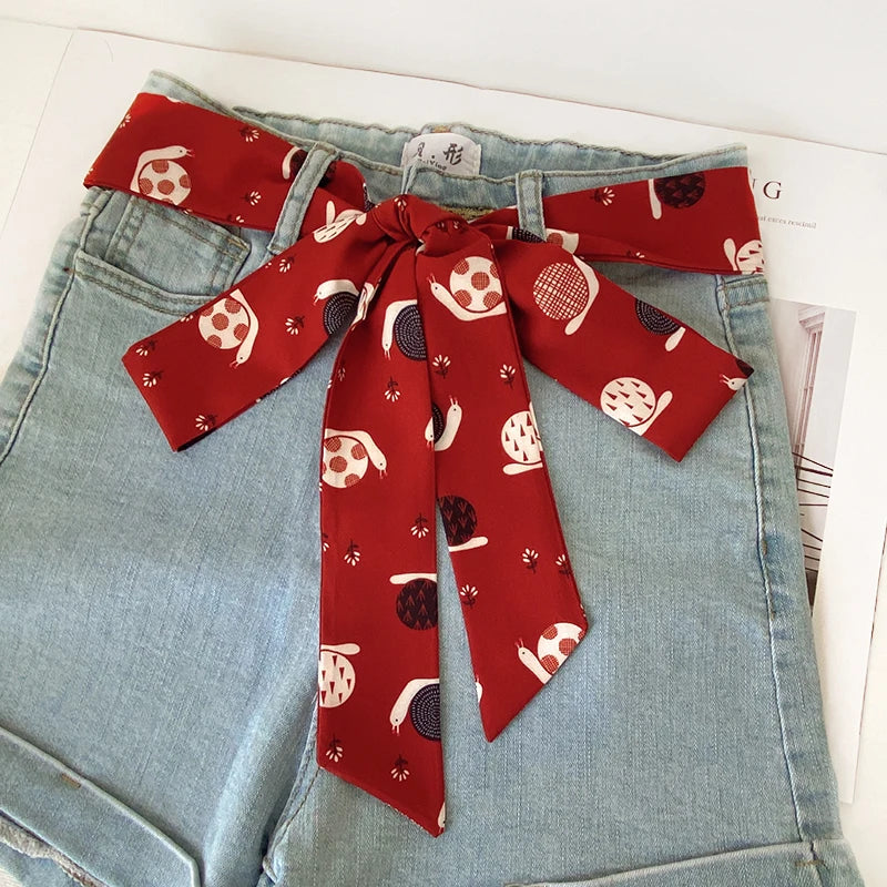 Summer Women Imitation Silk Dress Belt Variety Cute Double Printing Women Neckerchiefs Travel Bag Hats Ribbons Ladies Scarves
