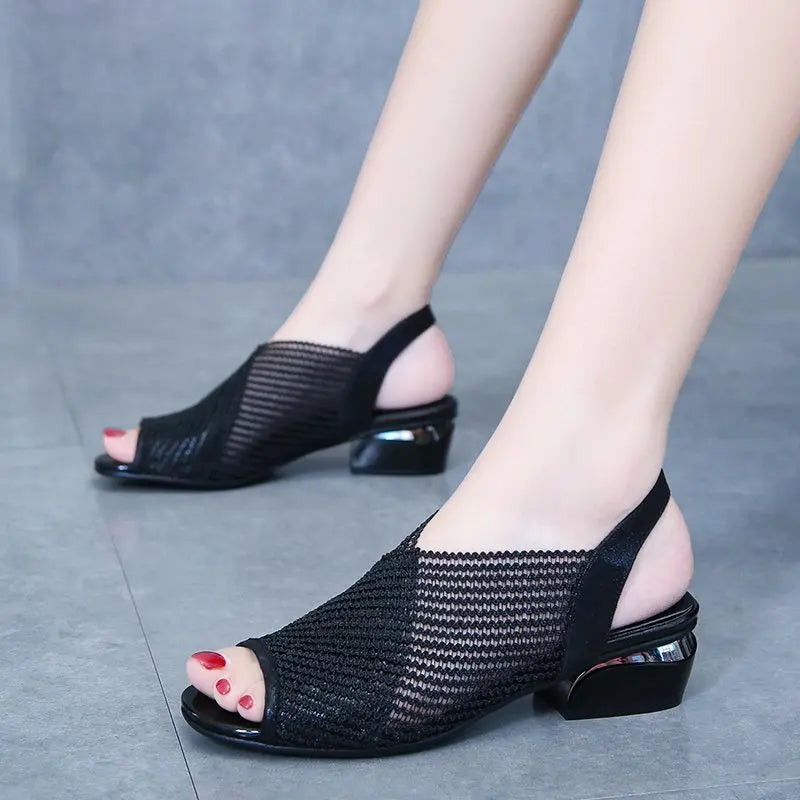 Women Sandals Fashion Thick Heel Peep Toe Women's Shoes Mesh Breathable Sandals Ladies Plus Size Girls Summer Beach Sandals