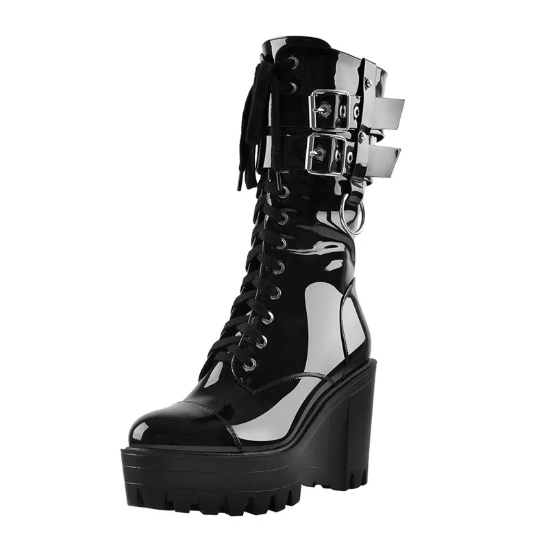 Onlymaker Women Black Platform Punk Boots Patent Leather Lace Up Mid Calf Chunky High Heels Side Zip  Motorcycle Boots