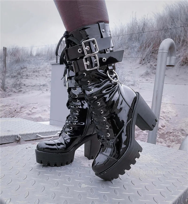 Onlymaker Women Black Platform Punk Boots Patent Leather Lace Up Mid Calf Chunky High Heels Side Zip  Motorcycle Boots