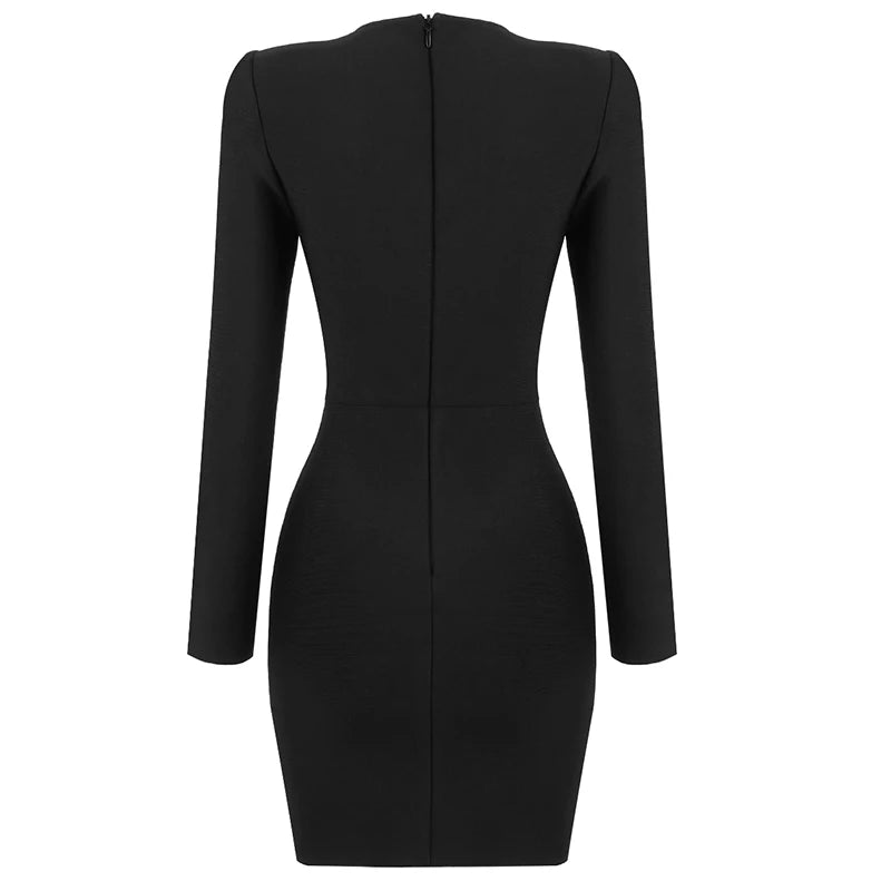 New Winter Women Black Beading Long Sleeve Rayon Bandage Sexy Hollow Out Mini Club Celebrity Runway Party Dress
