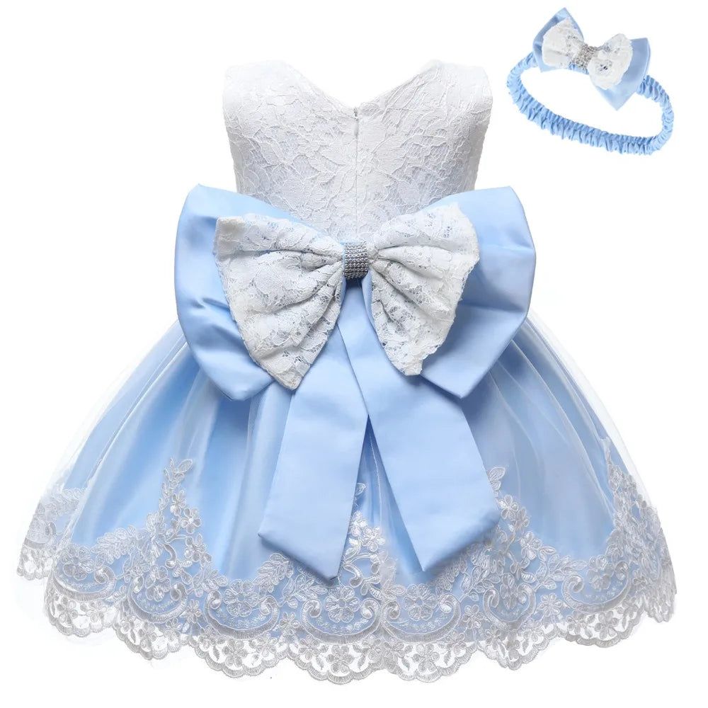 Baby Girls Princess Dress And Hairband 2Pcs Elegant Bow Toddler Girl 1 Years Birthday Party Lace Ball Gown Vestidos Kids Dresses