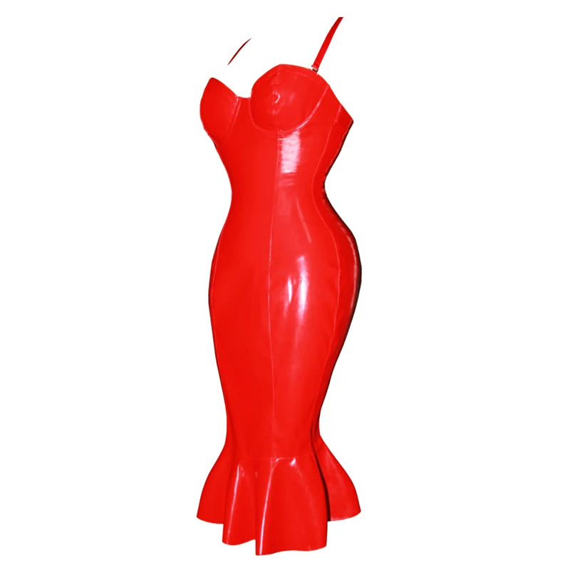Summer Women Dresses Sexy Spaghetti Straps Bandage PVC Wet Look Leather Midi Dress Vintage Bodycon Clubwear Party Dress Vestidos