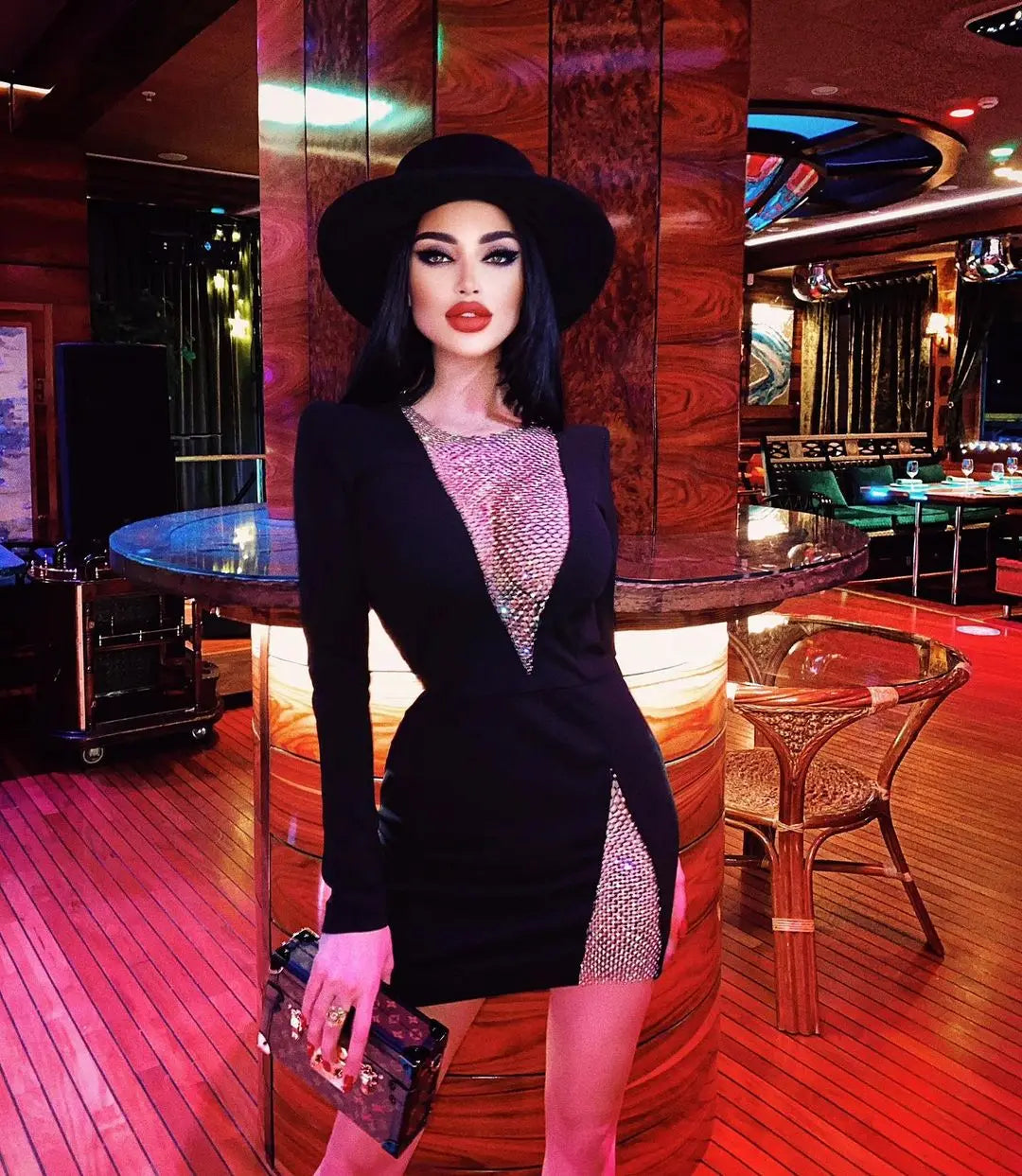 New Winter Women Black Beading Long Sleeve Rayon Bandage Sexy Hollow Out Mini Club Celebrity Runway Party Dress