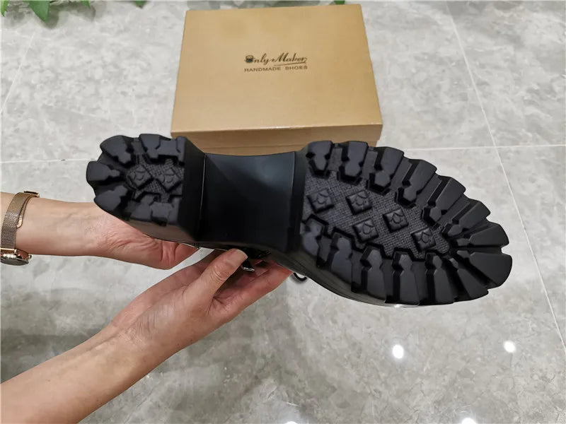 Onlymaker Women Black Platform Punk Boots Patent Leather Lace Up Mid Calf Chunky High Heels Side Zip  Motorcycle Boots