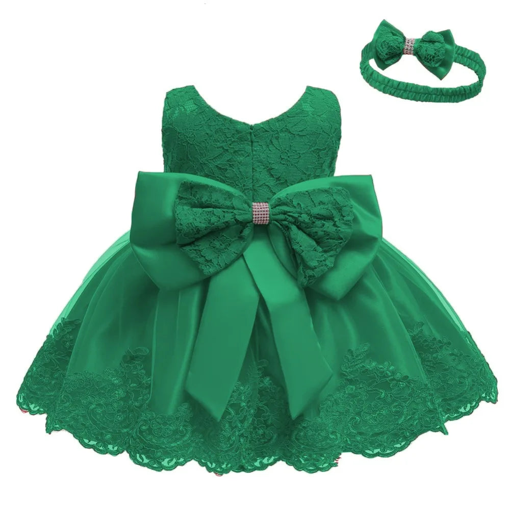 Baby Girls Princess Dress And Hairband 2Pcs Elegant Bow Toddler Girl 1 Years Birthday Party Lace Ball Gown Vestidos Kids Dresses