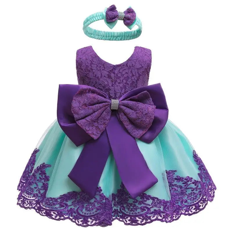Baby Girls Princess Dress And Hairband 2Pcs Elegant Bow Toddler Girl 1 Years Birthday Party Lace Ball Gown Vestidos Kids Dresses