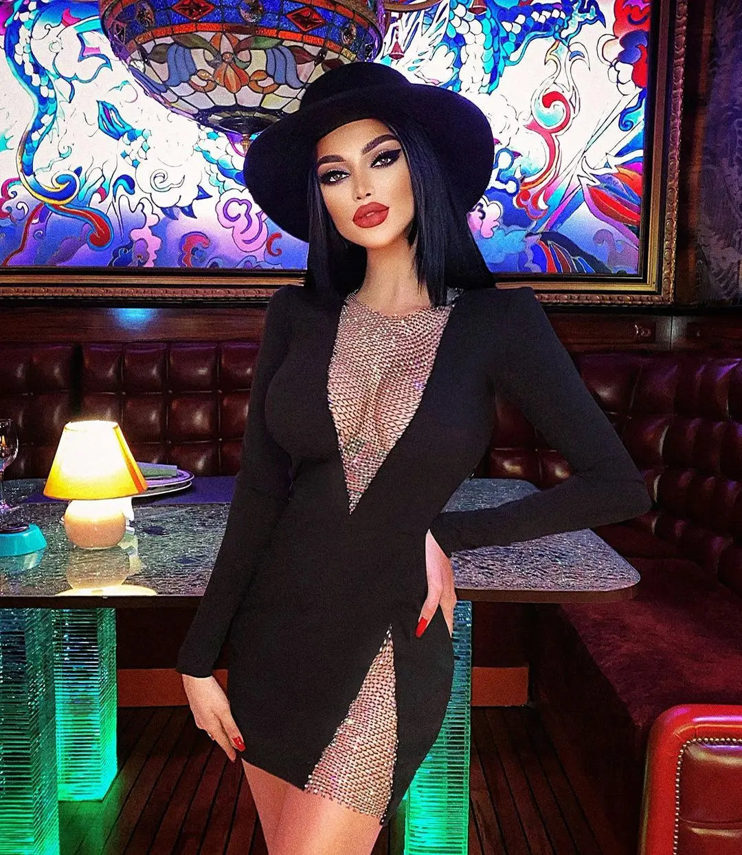 New Winter Women Black Beading Long Sleeve Rayon Bandage Sexy Hollow Out Mini Club Celebrity Runway Party Dress
