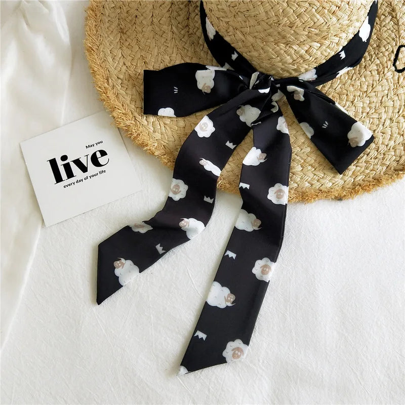 Summer Women Imitation Silk Dress Belt Variety Cute Double Printing Women Neckerchiefs Travel Bag Hats Ribbons Ladies Scarves