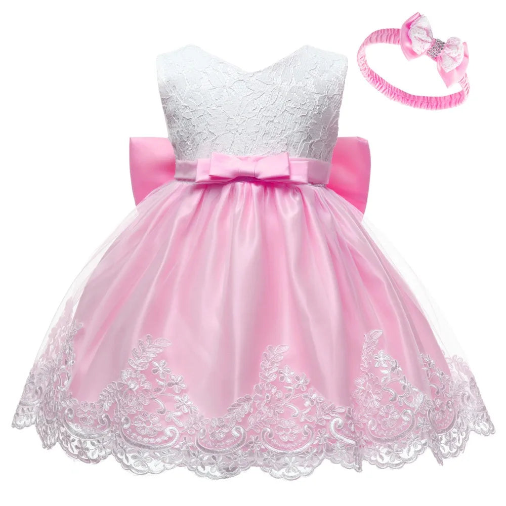 Baby Girls Princess Dress And Hairband 2Pcs Elegant Bow Toddler Girl 1 Years Birthday Party Lace Ball Gown Vestidos Kids Dresses