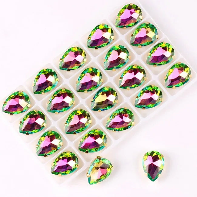 waterdrop shape Gold claw settings Rainbow & Jelly AB glass Crystal 7*10 10*14 13*18mm Sew on rhinestone wedding dress diy trim