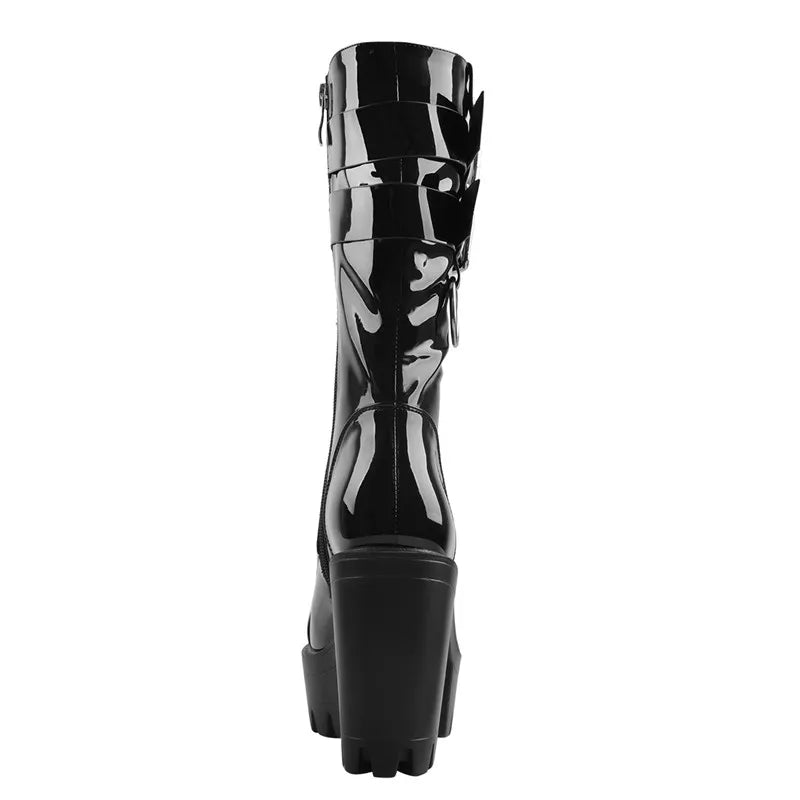 Onlymaker Women Black Platform Punk Boots Patent Leather Lace Up Mid Calf Chunky High Heels Side Zip  Motorcycle Boots