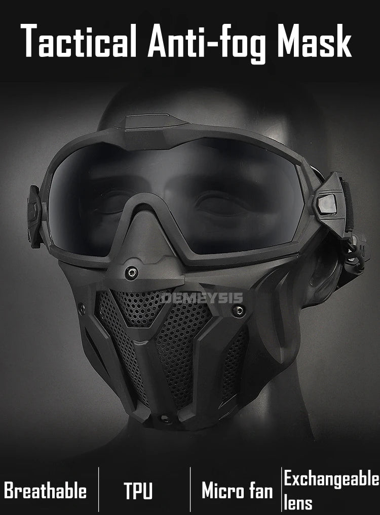 Tactical Full Face Mask Anti-fog Fan Shooting Safety Protective Equipment Hunting Airsoft Paintball Detachable Goggles Masks Set