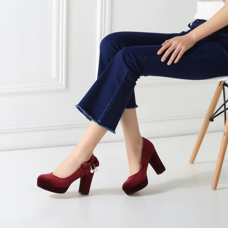 Elegant Women's High Heels Shoes Platform 2025 Fashion Flock Black Blue Red Heeled Party Wedding Shoes Female Velvet Dress Pumps