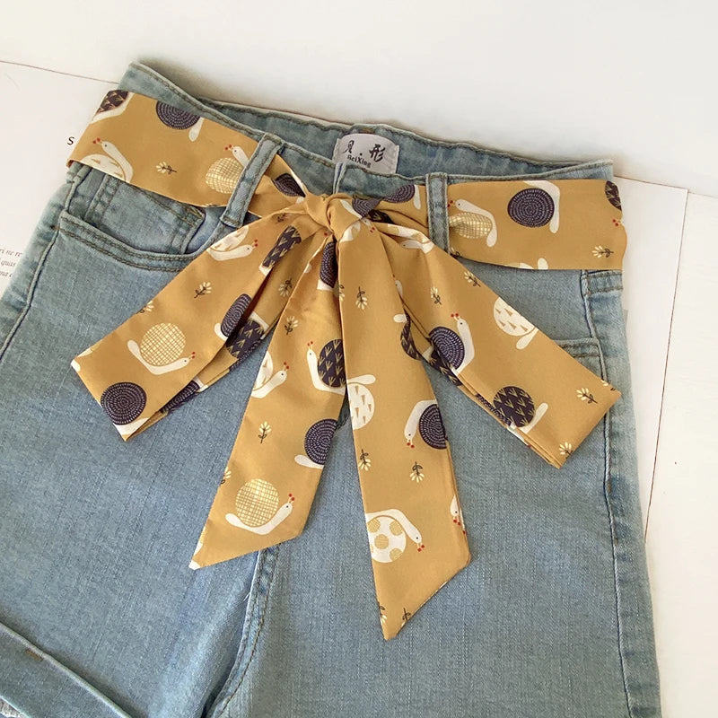 Summer Women Imitation Silk Dress Belt Variety Cute Double Printing Women Neckerchiefs Travel Bag Hats Ribbons Ladies Scarves