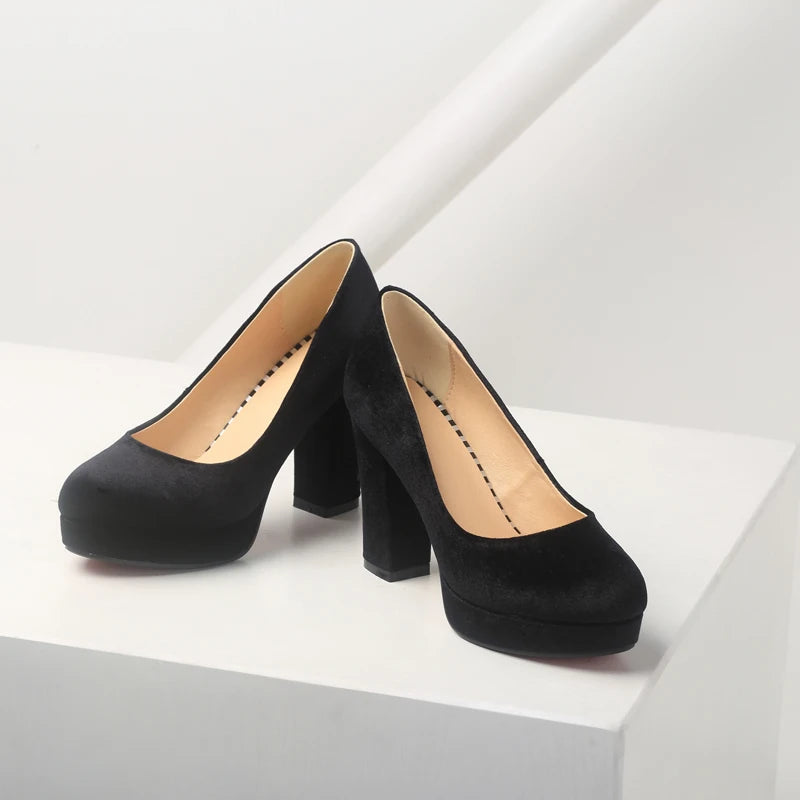 Elegant Women's High Heels Shoes Platform 2025 Fashion Flock Black Blue Red Heeled Party Wedding Shoes Female Velvet Dress Pumps