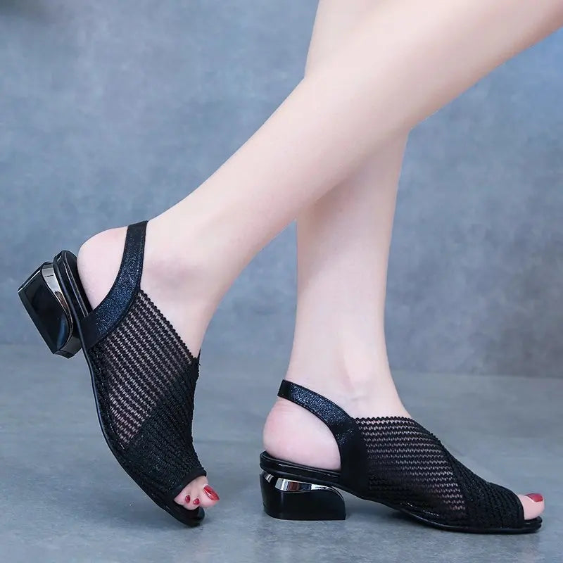 Women Sandals Fashion Thick Heel Peep Toe Women's Shoes Mesh Breathable Sandals Ladies Plus Size Girls Summer Beach Sandals