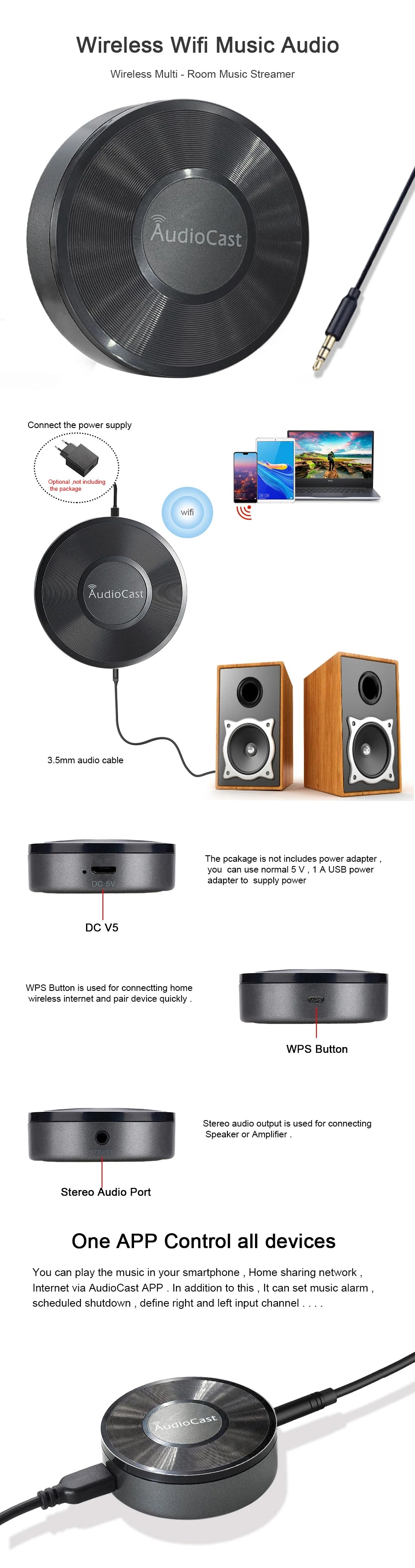 M5 AudioCast for Airplay Wireless Music Audio Speaker Receiver 2.4G WIFI Hifi Music for DLNA Airplay Adapter Spotify Streamer