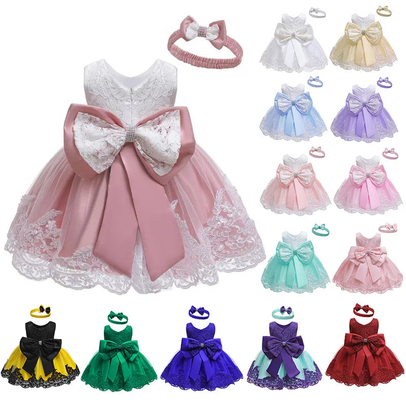 Baby Girls Princess Dress And Hairband 2Pcs Elegant Bow Toddler Girl 1 Years Birthday Party Lace Ball Gown Vestidos Kids Dresses