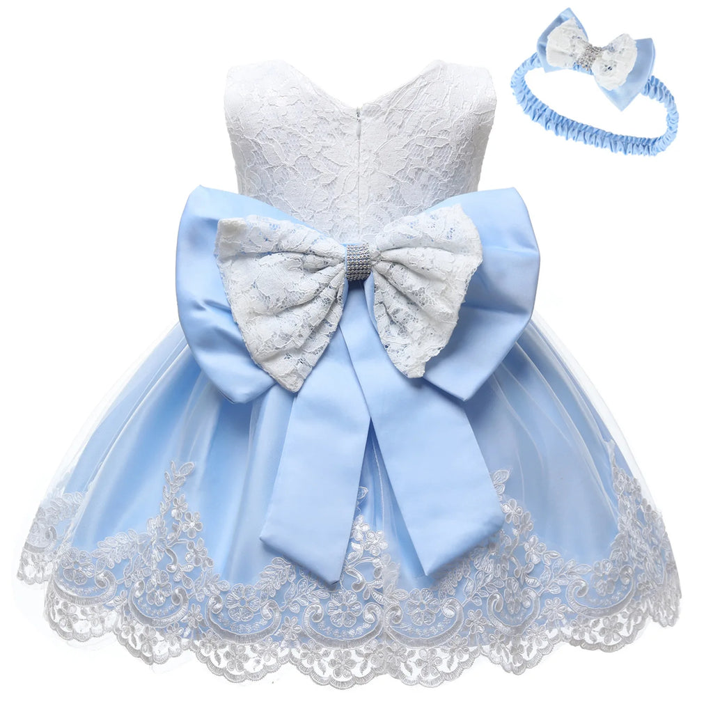 Baby Girls Princess Dress And Hairband 2Pcs Elegant Bow Toddler Girl 1 Years Birthday Party Lace Ball Gown Vestidos Kids Dresses