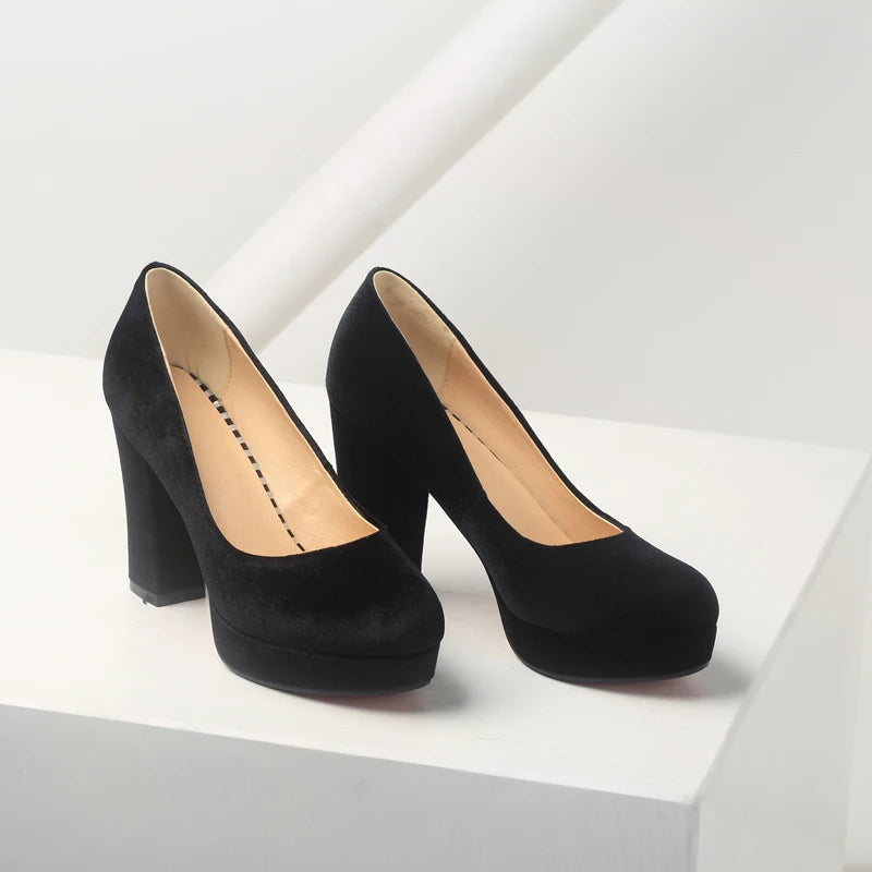 Elegant Women's High Heels Shoes Platform 2025 Fashion Flock Black Blue Red Heeled Party Wedding Shoes Female Velvet Dress Pumps