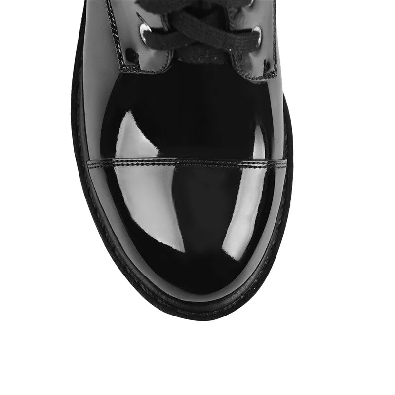 Onlymaker Women Black Platform Punk Boots Patent Leather Lace Up Mid Calf Chunky High Heels Side Zip  Motorcycle Boots