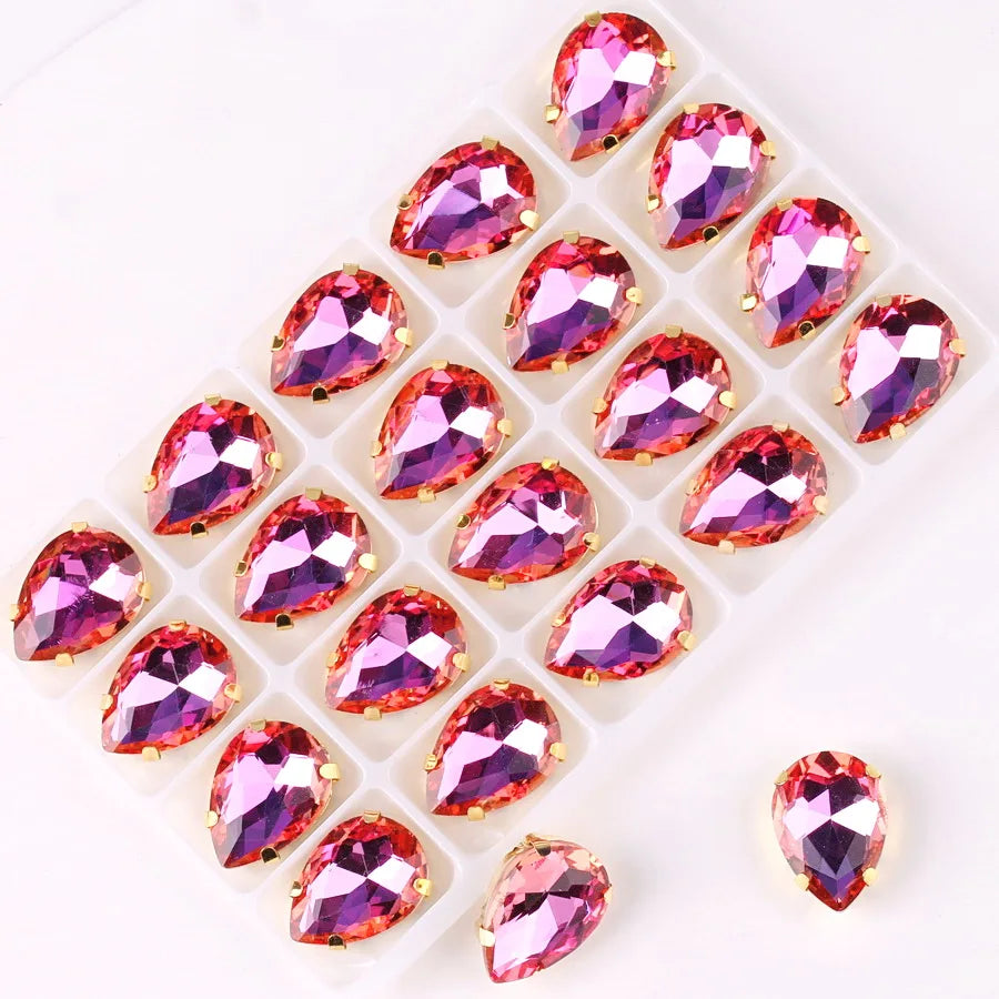 waterdrop shape Gold claw settings Rainbow & Jelly AB glass Crystal 7*10 10*14 13*18mm Sew on rhinestone wedding dress diy trim