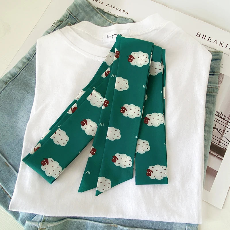 Summer Women Imitation Silk Dress Belt Variety Cute Double Printing Women Neckerchiefs Travel Bag Hats Ribbons Ladies Scarves