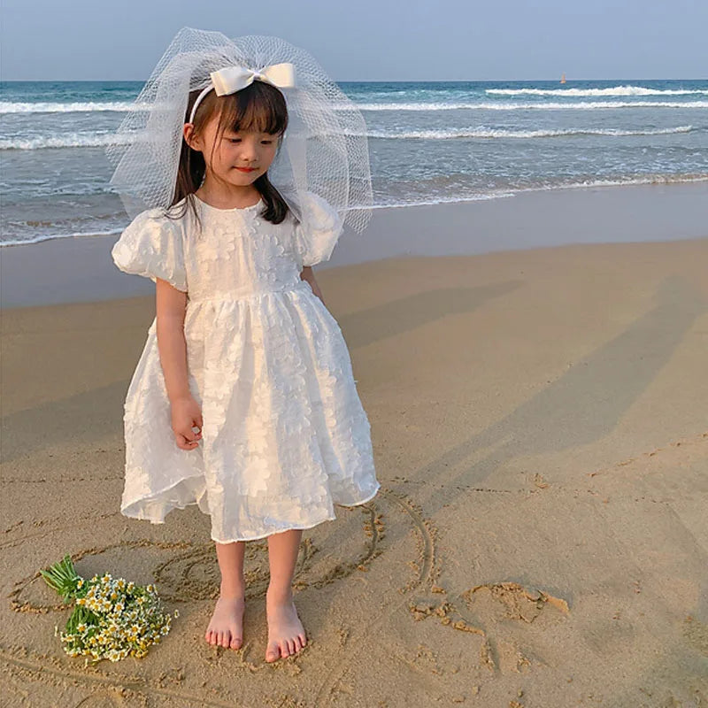 Girls Summer Dress Big Flower Puff Sleeve Sweet Cute Dress Applique Flowers White Princess Party Dress New Children Clothing