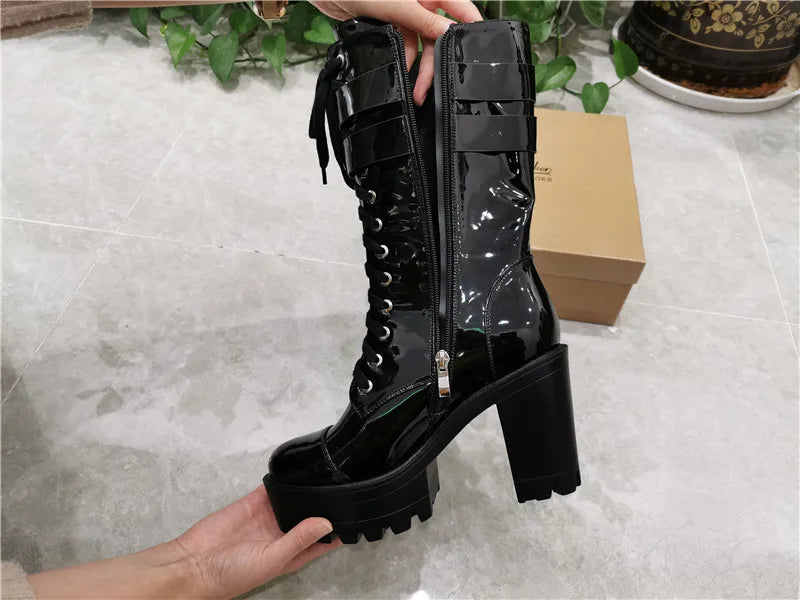 Onlymaker Women Black Platform Punk Boots Patent Leather Lace Up Mid Calf Chunky High Heels Side Zip  Motorcycle Boots