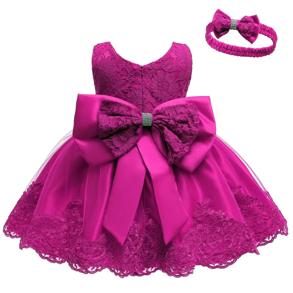 Baby Girls Princess Dress And Hairband 2Pcs Elegant Bow Toddler Girl 1 Years Birthday Party Lace Ball Gown Vestidos Kids Dresses