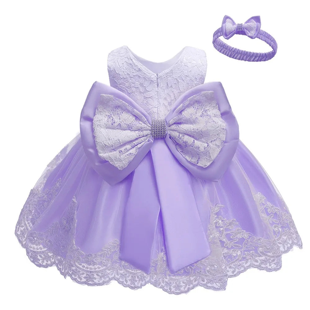 Baby Girls Princess Dress And Hairband 2Pcs Elegant Bow Toddler Girl 1 Years Birthday Party Lace Ball Gown Vestidos Kids Dresses
