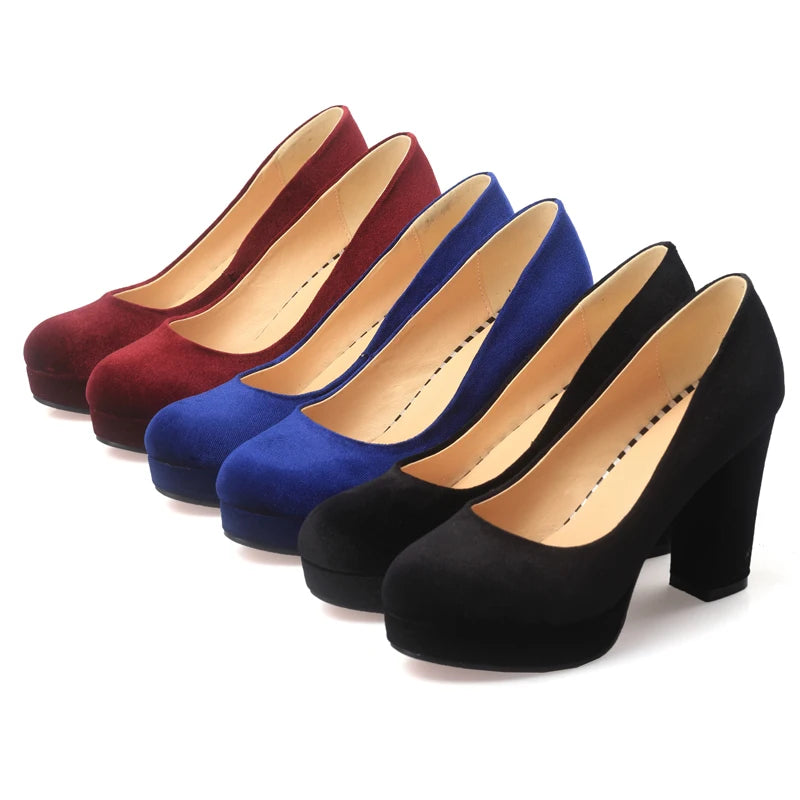 Elegant Women's High Heels Shoes Platform 2025 Fashion Flock Black Blue Red Heeled Party Wedding Shoes Female Velvet Dress Pumps