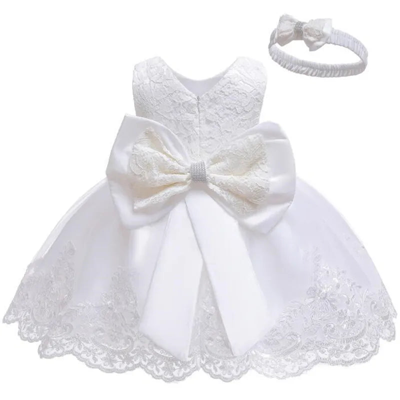 Baby Girls Princess Dress And Hairband 2Pcs Elegant Bow Toddler Girl 1 Years Birthday Party Lace Ball Gown Vestidos Kids Dresses